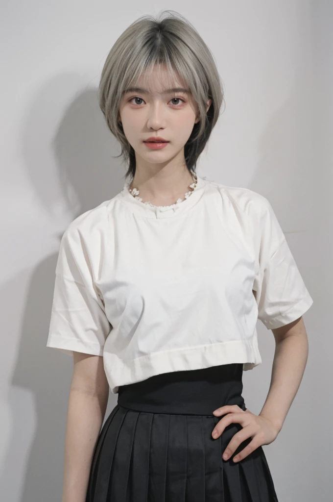 Beautiful woman with perfect figure:1.4,Ultra-high resolution,White background,(lifelike:1.4),Layered Hairstyle,Lipstick,White skin,Super short pleated skirt,whole body,Very delicate face and skin texture,Double eyelids,Skin Whitening,short hair,White hair