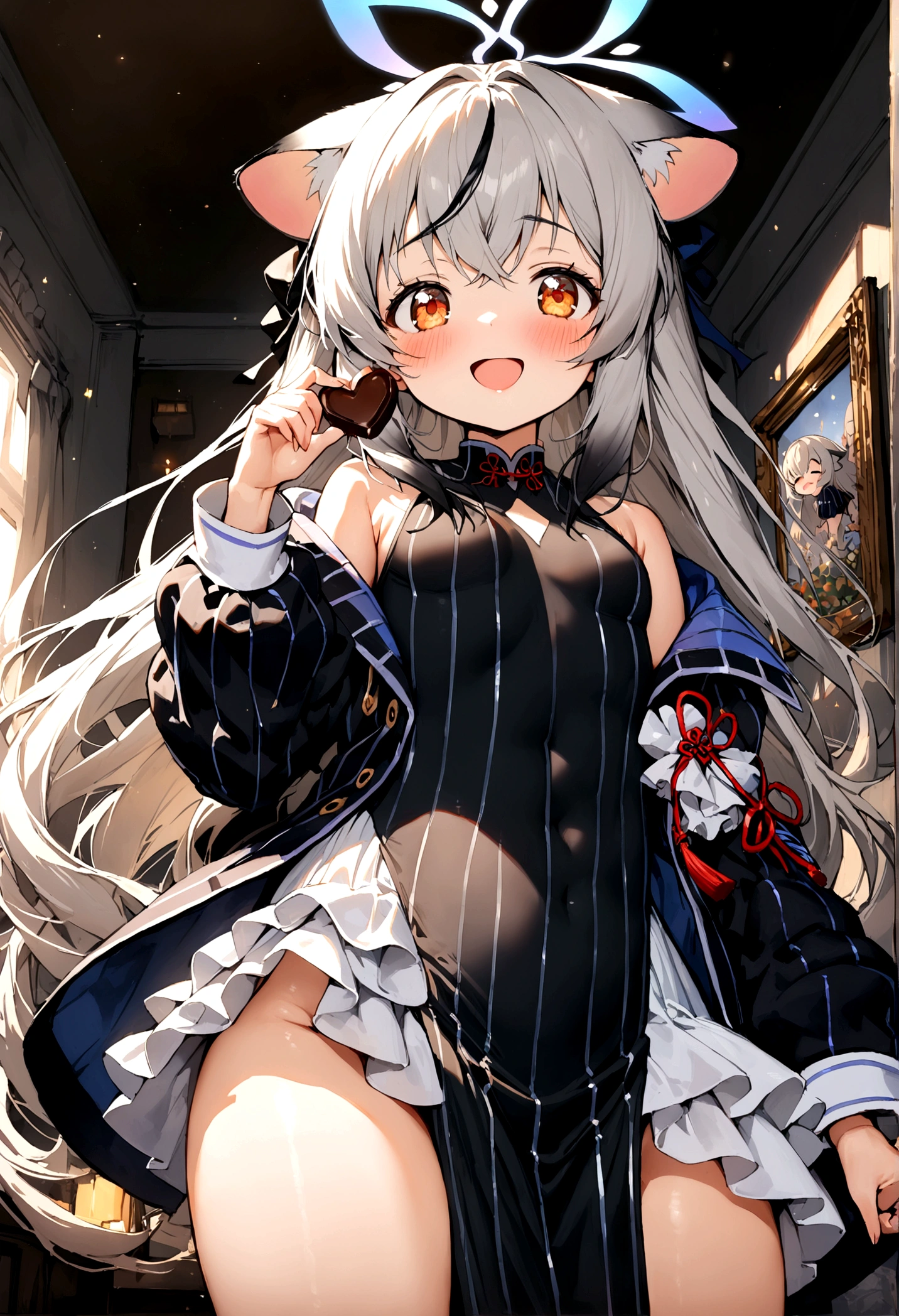 1girl, kokona, halo, streaked hair, grey hair, black hair, sidelocks, crossed bangs, orange eyes, dress, striped dress, black dress, off shoulder jacket, jacket, black jacket, floral print, sneakers, frilled skirt, pelvic curtain, sleeveless, long sleeves, , (masterpiece), (best quality), (ultra-detailed), (((picture-perfect))), wide field of view, dutch angle shot, depth of field, natural lighting, beautiful furniture and decorations, vivid colors and sparkling effects, nice hands, perfect hands, shiny hair, rich in details and textures, artistic lighting, bright colors, ((bright)), (glow light:1.1),(light particles:1.1), (iridescent eyes:1.3),(shiny hair:1.3), solo, inside a kitchen, winter season, valentine day theme, love and happiness atmosphere, heart shape, roses, ((chocolate)), (((holding chocolate))), Natural skin tone, peachy blush, lips, sleepy eyes, nervous, happy, smile, laughing, moonless night, accent lighting, character is slightly towards the left, dynamic pose, cowboy shot,kokona-jacket, kokona \(blue archive\),orange eyes,multicolored hair,very long hair,animal ears,halo,black dress,(pelvic curtain:1.2),jacket, white skirt,black socks,sneakers,