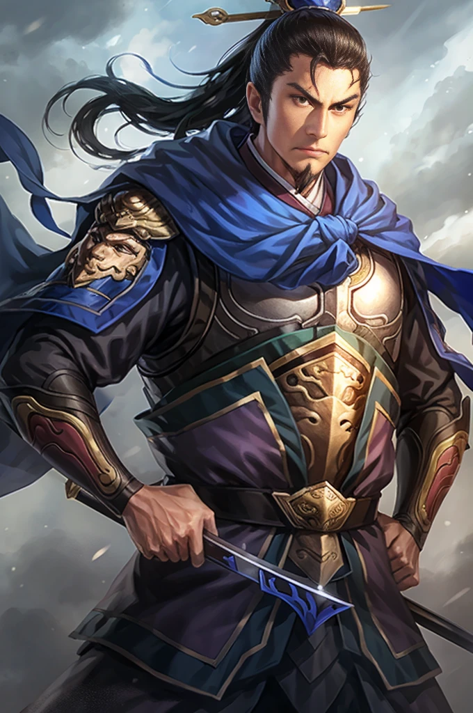 Araped image of a man wearing blue clothes and holding a sword, Chinese Warrior, armored warrior, Zhaoyun, beautiful character drawings, Works inspired by Zhao Yuan, Inspired by Dong Yuan, Kuleilei(Qu Leilei), by Jay Yang, Li Zai(Li Zai), Epic exquisite character art, Works inspired by Zuderun, Inspired by Jang Wo, Highly detailed character design