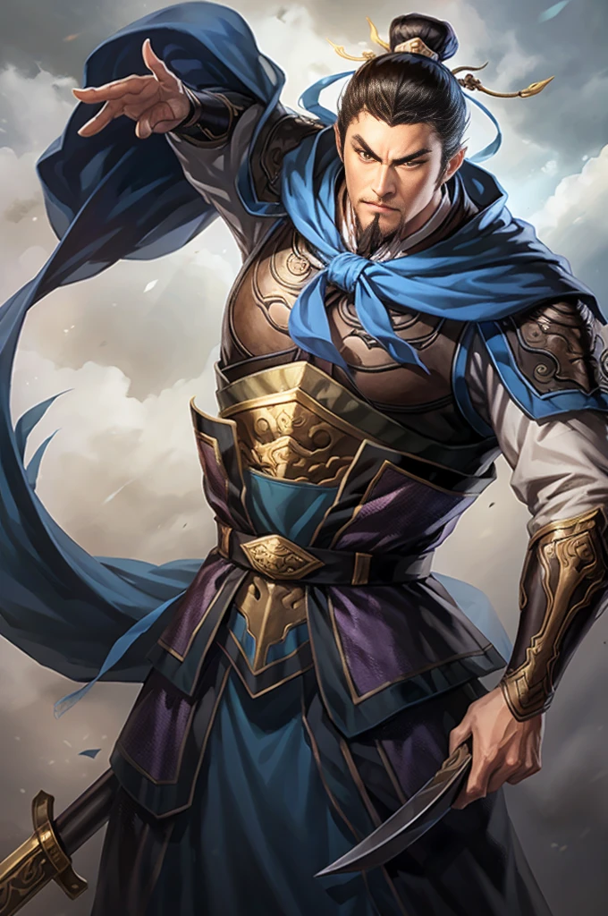 Araped image of a man wearing blue clothes and holding a sword, Chinese Warrior, armored warrior, Zhaoyun, beautiful character drawings, Works inspired by Zhao Yuan, Inspired by Dong Yuan, Kuleilei(Qu Leilei), by Jay Yang, Li Zai(Li Zai), Epic exquisite character art, Works inspired by Zuderun, Inspired by Jang Wo, Highly detailed character design