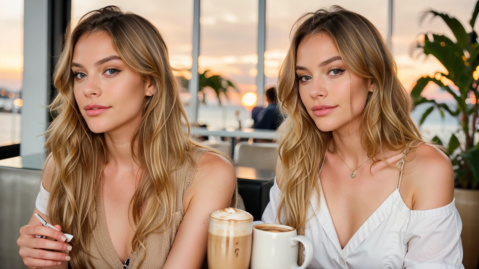 belle blonde portant un pull beige (sipping coffee in a modern cafe at sunset), very detailed, 21 ans, visage innocent, natural wavy hair, yeux bleus, high resolution, chef-d'artwork, best quality, intricate details, very detailed, sharpness, detailed skin, realistic skin texture, texture, detailed eyes, Professionnel, 4K, Sourire charmant, shot with Canon, 85mm, faible profondeur de champ, Couleur Kodak Vision, corps parfaitement ajusté, extremely detailed, Photo_\(ultra\), photorealistic, realistic, Post-traitement, maximum detail, roughness, vrai vie, ultra realistic, photorealism, la photographie, 8K UHD, la photographie
