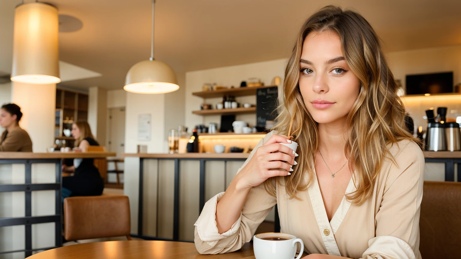 belle blonde portant un pull beige (sipping coffee in a modern cafe at sunset), very detailed, 21 ans, visage innocent, natural wavy hair, yeux bleus, high resolution, chef-d'artwork, best quality, intricate details, very detailed, sharpness, detailed skin, realistic skin texture, texture, detailed eyes, Professionnel, 4K, Sourire charmant, shot with Canon, 85mm, faible profondeur de champ, Couleur Kodak Vision, corps parfaitement ajusté, extremely detailed, Photo_\(ultra\), photorealistic, realistic, Post-traitement, maximum detail, roughness, vrai vie, ultra realistic, photorealism, la photographie, 8K UHD, la photographie