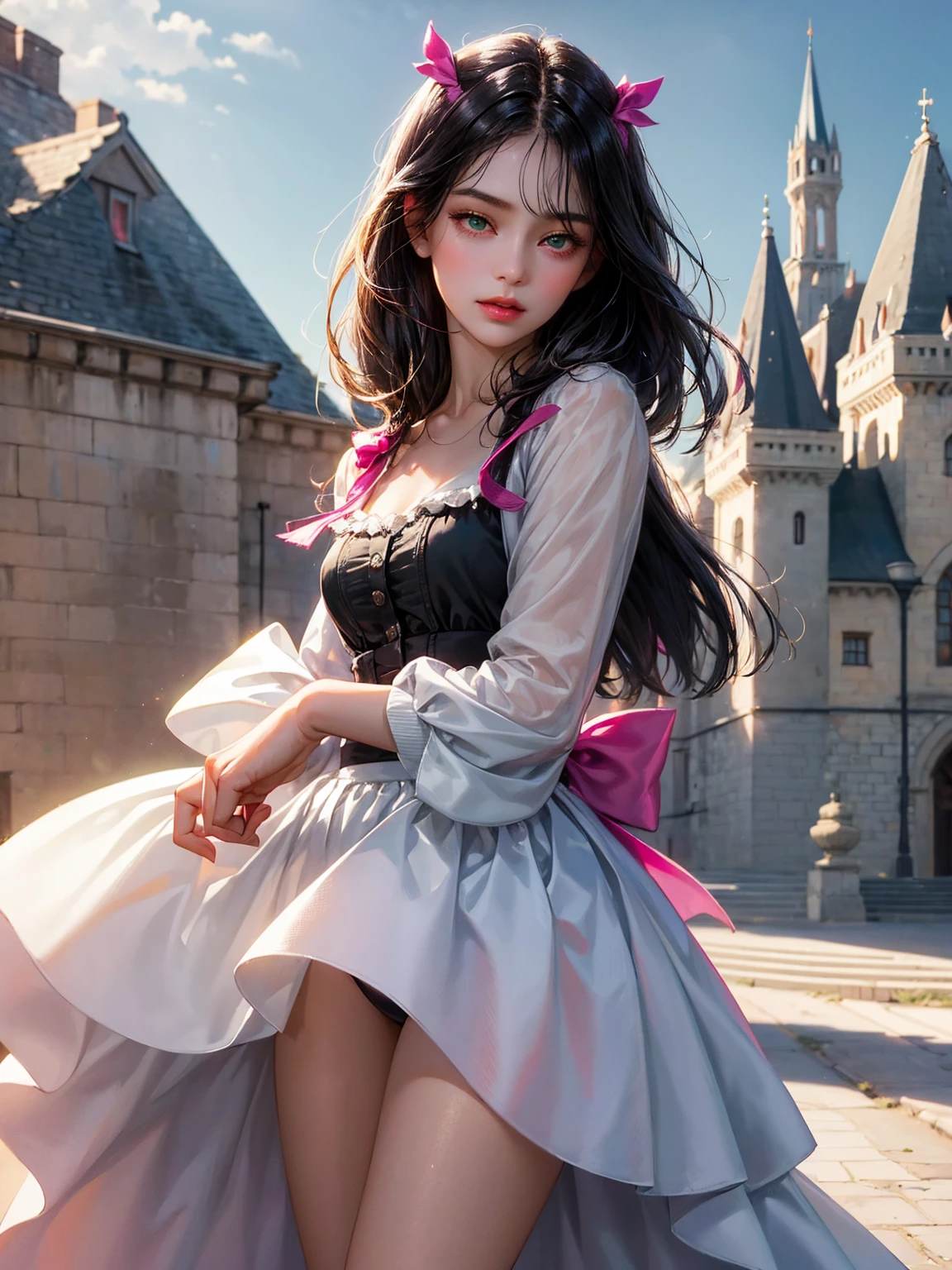 A girl, medium black hair with fringe, small breast, green eyes. She wears a white shirt with a fuchsia ribbon, a fuchsia jacket, grey short skirt. Beautiful girl, detailed eyes, detailed face, detailed hands. She looks at the viewer. Full figure. Background a castle