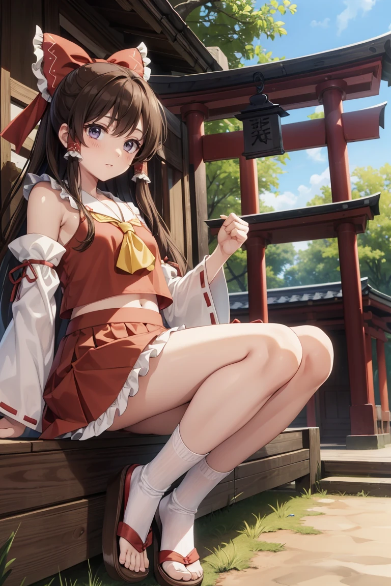 reimu hakurei, (Brown eyes:1.5), Brown Hair, bow, hair bow, Hair Tube, Long Hair, red bow, Side Lock,
Blake Ascot, Bare shoulders,Removable sleeves, embellished costume, Frills, kimono, Non-traditional Shrine Maiden, Red Skirt, Sandals, sarashi, mini skirt, socks, White sleeves, white socks, Wide sleeves,Bed、lie down、((I&#39;m not wearing panties、Beautiful genitals))、(((Open your legs wide)))
BREAK Watch Viewers,blush、Surprise face、
Outdoor rest, shrine,Cowboy Shot,Smile Break (masterpiece:1.2), Highest quality, High resolution, unity 8k wallpaper, (figure:0.8), (Beautiful attention to detail), Highly detailed face, Perfect lighting, Highly detailed CG, (Perfect hands, Perfect Anatomy),Dynamic pose,