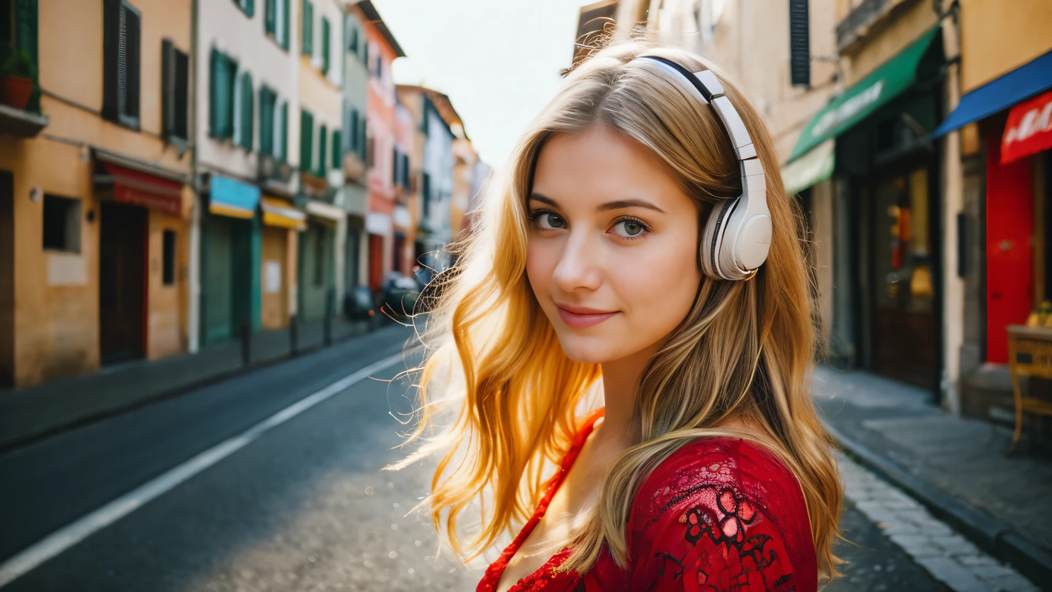 Beautiful blonde with big breasts in a red dress (Beautiful Italian city in the morning sun),Wearing headphones,Very detailed, 21 years old, Innocent face, Naturally Wavy Hair, blue eyes, High resolution, masterpiece, Highest quality, Intricate details, Very detailed, Clear focus, Delicate skin, practical skin texture, texture, Delicate eyes, Professional, 4K, Cute Smile, Shot with Canon, 85mm, Shallow and deep, Kodak Vision Color, Exactly, Very detailed, photograph_\(Extremist\), photographpractical, practical, Post-processing, Maximum details, Roughness, Real Life, Extremist practical, Photorealism, photographgraphy, 8K Ultra HD, photographgraphy