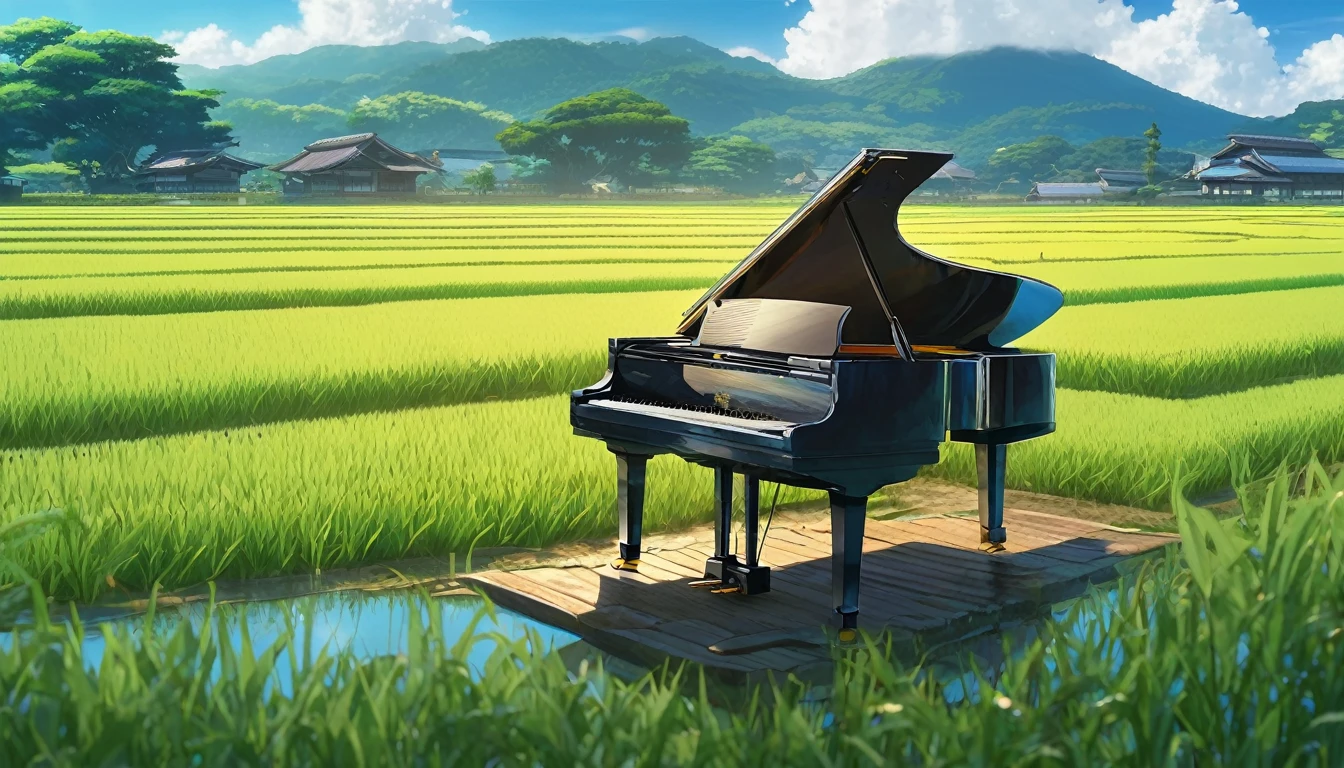 A grand piano in the Japanese countryside、In the background, rice fields are planted.、The sky is a piercing blue.、Makoto Shinkai style touch、A grand piano placed on the bank in front of the rice fields、The piano is not submerged in water.、A grand piano placed beside a rice field