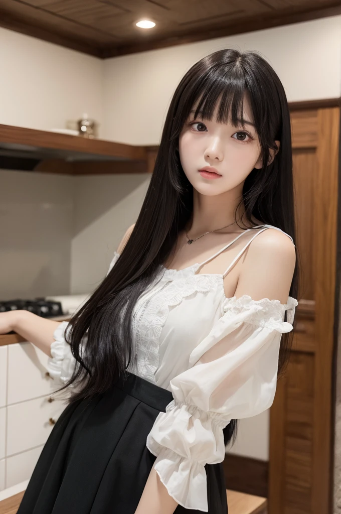 ((Highest quality)), ((masterpiece)), (detailed), One woman，Long Black Hair，With bangs，round face，Baby Face，low length，one piece，Inside the house