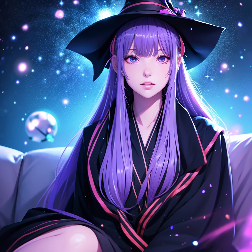 anime girl long purple hair wearing a black Robe. she has pointy ears. Witch Hat. Manga kawaii. iridescent ,An illustration, Sit on the sofa, (no background)