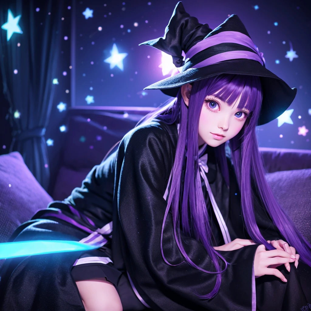 anime girl long purple hair wearing a black Robe. she has pointy ears. Witch Hat. Manga kawaii. iridescent ,An illustration, Sit on the sofa, (no background)