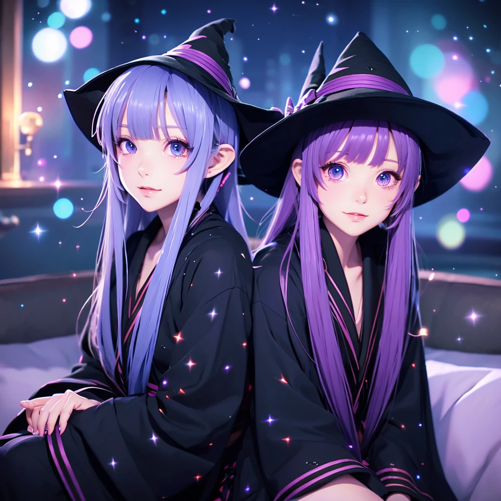 anime girl long purple hair wearing a black Robe. she has pointy ears. Witch Hat. Manga kawaii. iridescent ,An illustration, Sit on the sofa, (no background)