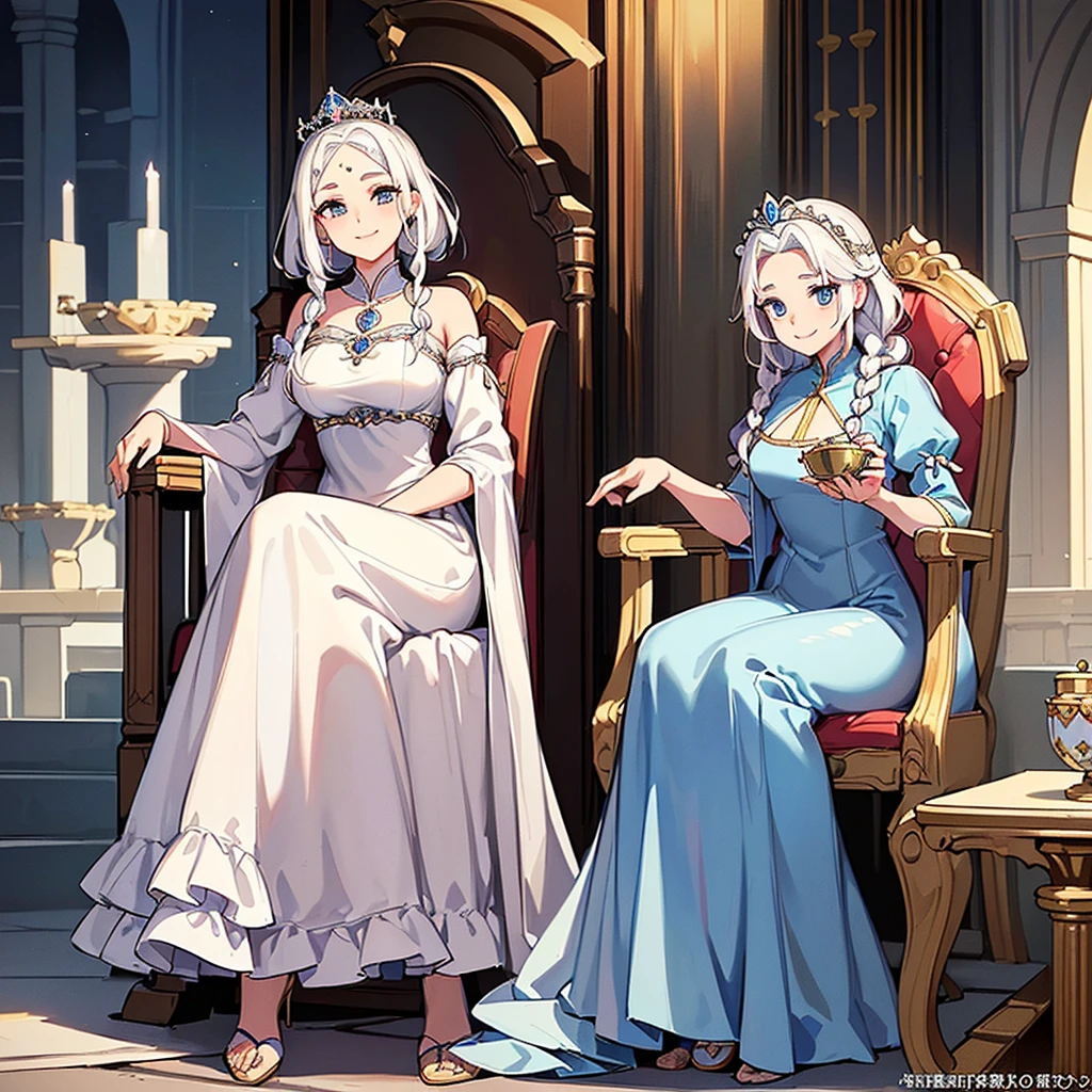 (((Solo)))、Highest quality, Best Quality、middle ages、(((白いGorgeous dress))、(Mature Woman、Mother、40 years old)、(White Hair、Middle Reason、Does not touch the forehead、Dumpling、Braid)、(smile)、(princess、Queen of the West)、(Gorgeous dress)、tiara、(Sit in a luxurious castle chair)