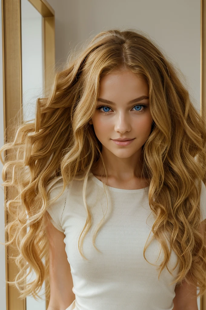 a striking young woman with a delicate frame and a captivating presence. Her long, curly golden blonde hair cascades down her back in waves, framing her fair skin and bright, piercing blue eyes. She has a graceful figure, honed by years of gymnastics, and often wears a gentle smile that lights up her face.