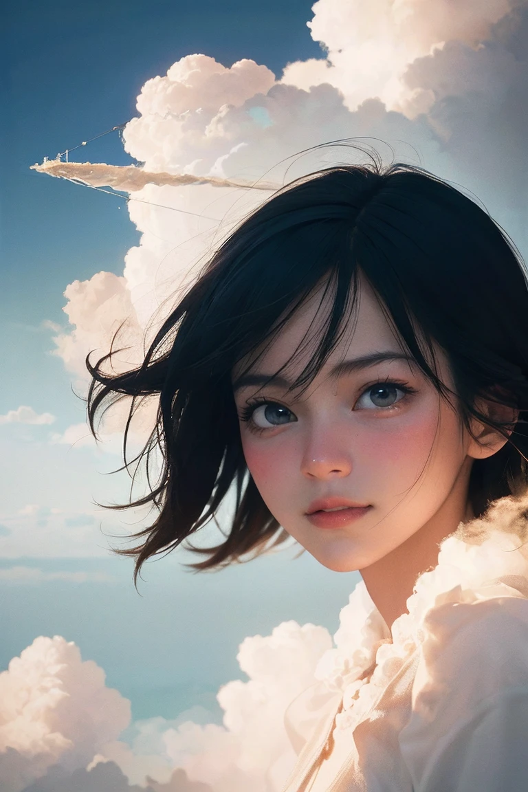 masterpiece, best quality, movie still, 1girl, floating in the sky, cloud girl, cloud, (close-up:1.1), bright, happy, fun, soft lighting, (Bauhaus, shapes, lines, abstract:1.1)