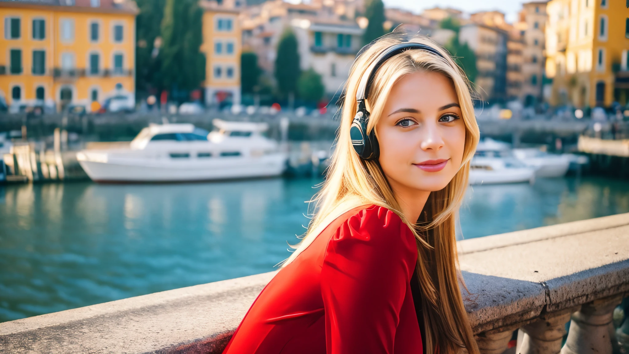 Beautiful blonde with big breasts in a red dress (Beautiful Italian city in the morning sun),Wearing headphones,Very detailed, 21 years old, Innocent face, Naturally Wavy Hair, blue eyes, High resolution, masterpiece, Highest quality, Intricate details, Very detailed, Clear focus, Delicate skin, practical skin texture, texture, Delicate eyes, Professional, 4K, Cute Smile, Shot with Canon, 85mm, Shallow and deep,  Kodak Vision Color, Exactly, Very detailed, photograph_\(Extremist\), photographpractical, practical, Post-processing, Maximum details, Roughness, Real Life, Extremist practical, Photorealism, photographgraphy, 8K Ultra HD, photographgraphy