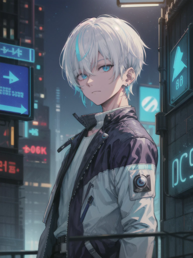 1 boy, solo, colorful, short hair, blue eyes, cyberpunk, cityscape, moon background, peace sign, earrings, white hair, neon sign, character focus, CG illustration, bust shot, white color jacket, 8k resolution, very detailed, anatomically correct, digital painting, concept art, clear picture,