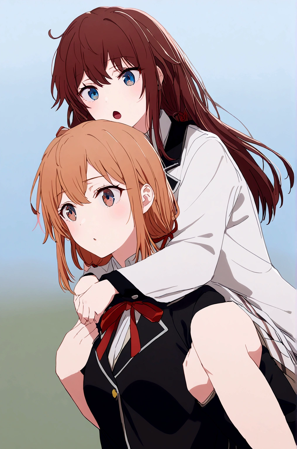 2 grils mother Yuigahama  giving yukino yukinoshita piggyback ride, Blue eyes black long hair piggyback ride, 