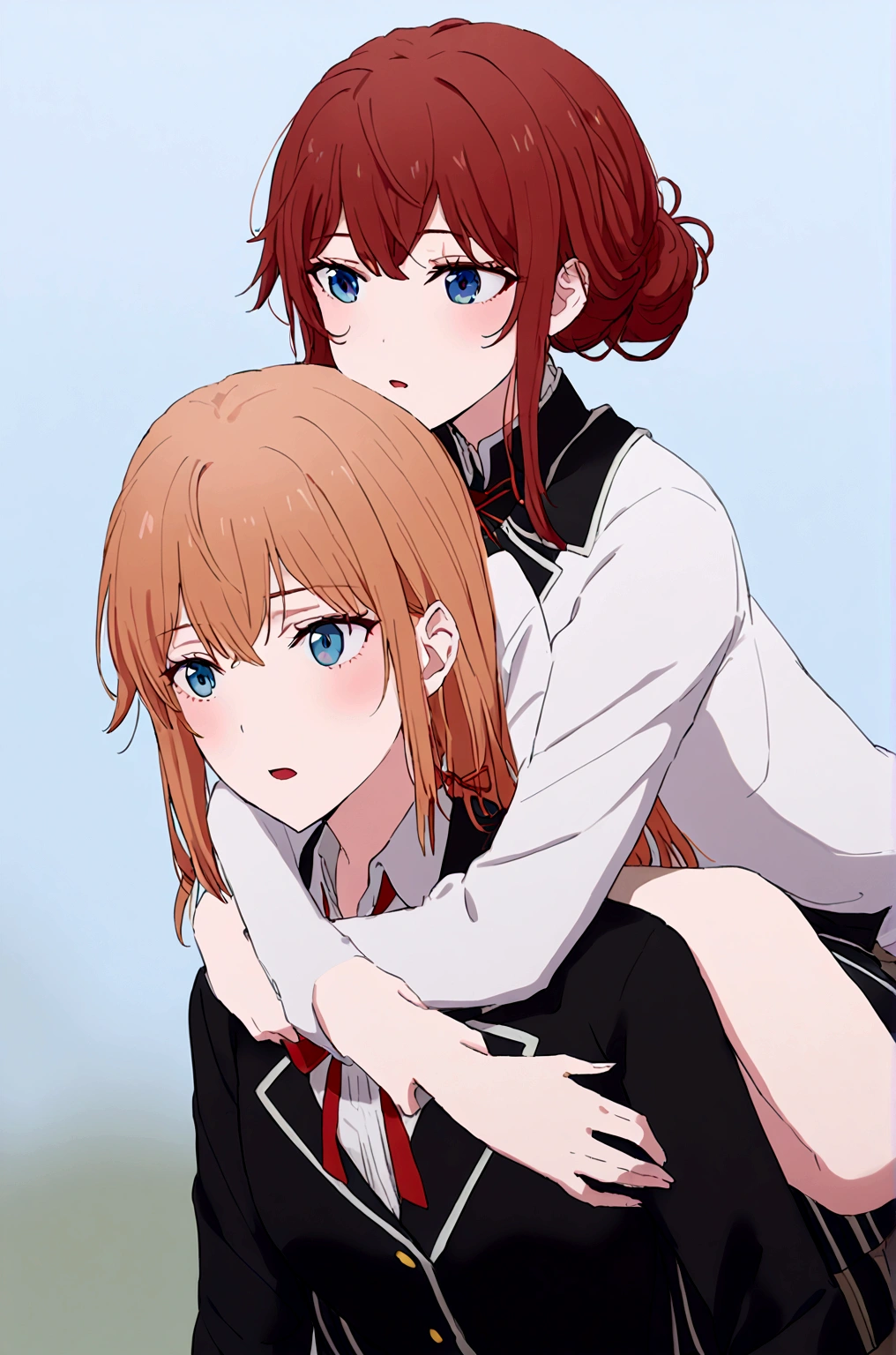 2 grils mother Yuigahama  giving yukino yukinoshita piggyback ride, Blue eyes black long hair piggyback ride, 