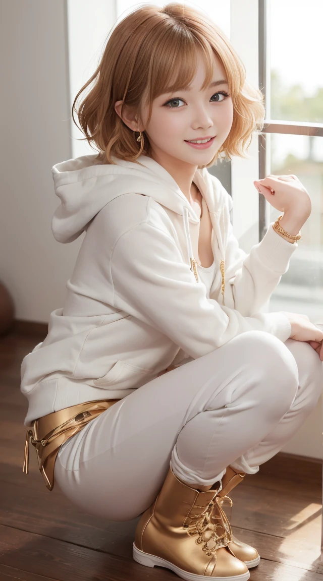 flying debris、Highest quality、An illustration、Highest quality、got it、High resolution、8k wallpaper、Perfect dynamic composition、(((Ezvian Everywhere)))、((From below))、Beautiful and cute 20 year old girl、Beautiful face in every detail、Delicate and cute eyes、Fine skin、Red cheeks.、shy、(Semi-short hair:1.3)、(wavy blonde hair)、Small breasts、Bold sexy pose、smile、Small breasts、Between the legs、Small Ass、Thin butt、Generated on the eaves.、Narrow shoulders、wavy blonde hair、blonde、Heart-shaped earrings、smile、、Gold bracelet、Tie your hair back、White hoodie、Deeply hooded、Loose fitting white harem pants、Combat Boots
