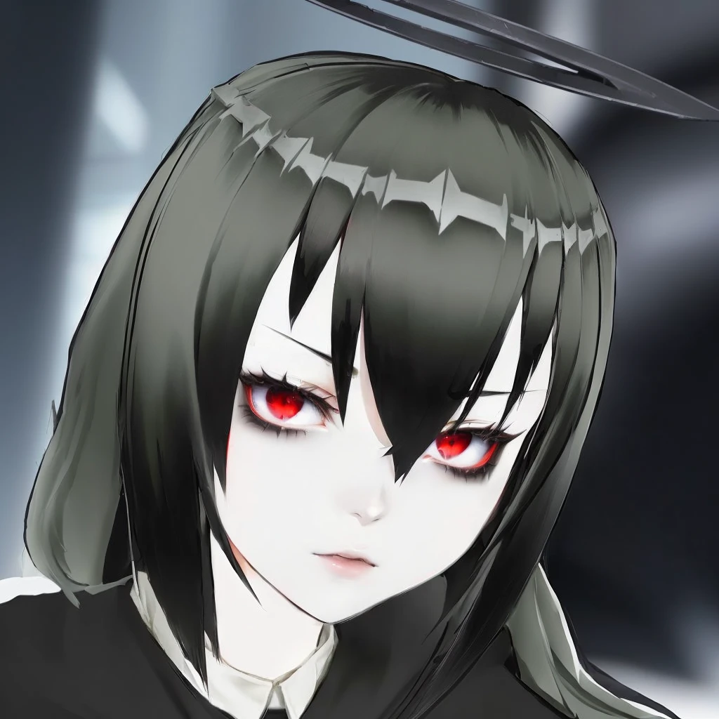 anime girl with black hair and red eyes with angel halo, gapmoe yandere grimdark, portrait gapmoe yandere grimdark, helltaker, demon anime girl, akane owari danganronpa, albedo from the anime overlord, gapmoe yandere, 1 7 - year - old anime goth girl, albedo from overlord