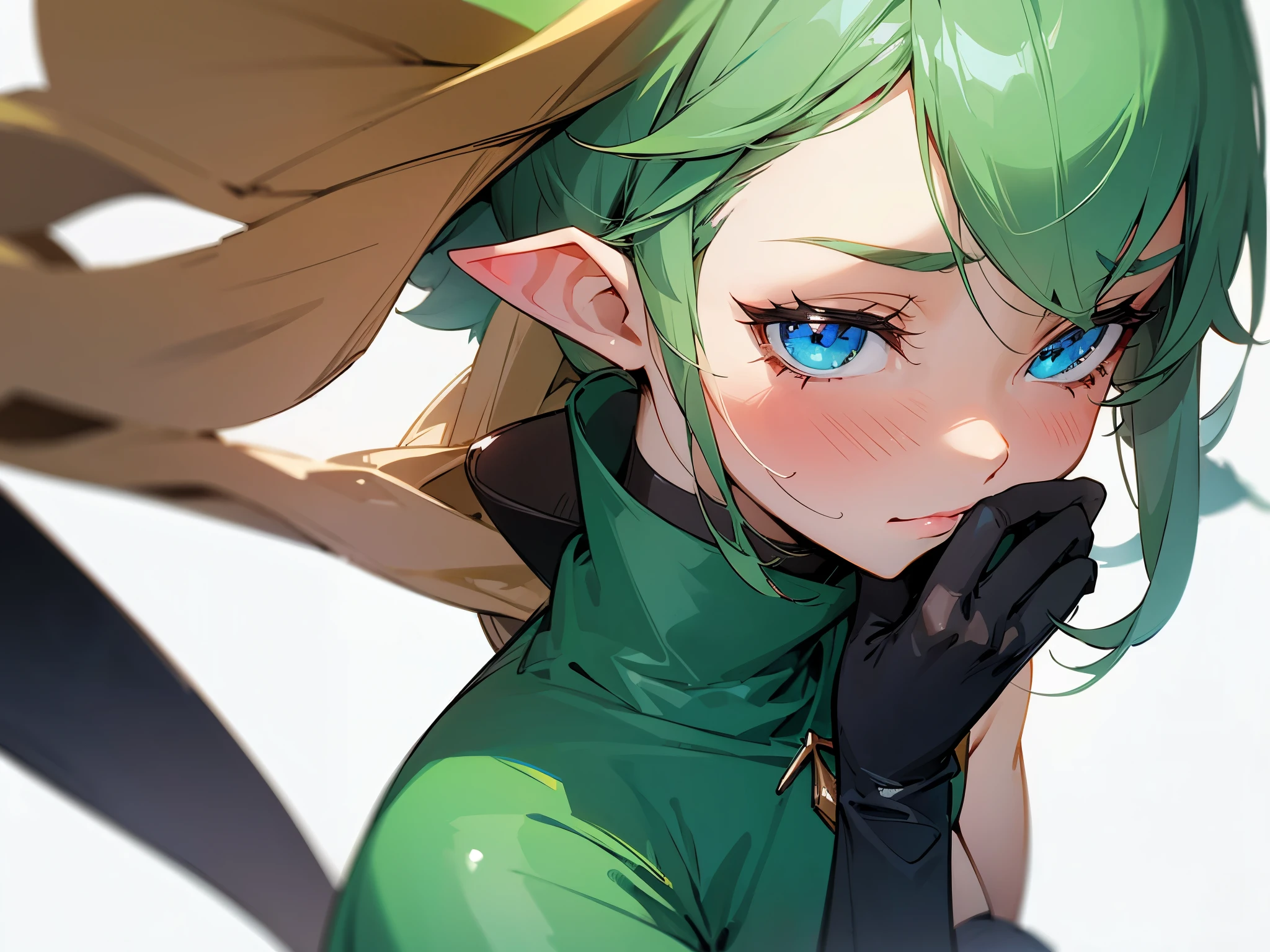 sexy elf girl looking embarrassed and shy, plain white background