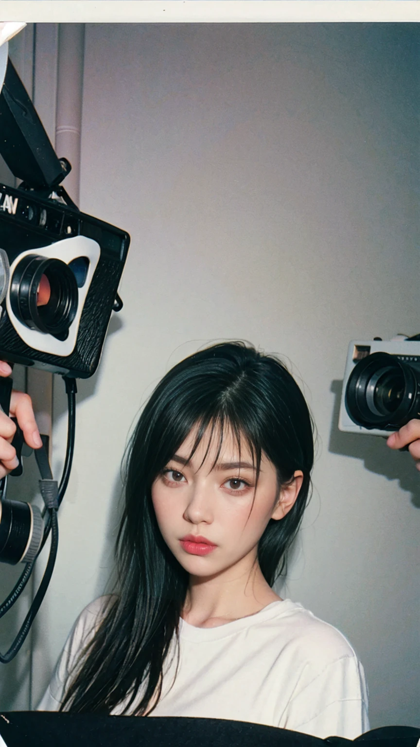 ((long shot photography)) ((best quality)), ((masterpiece)), (ultra detailed face), perfect beautiful face,perfect nose,perfect eyes, perfect lips kodak gold 200 fisheye-8mmlens-v2exp ,25 yo cute korean, ((busty perfect body)) perfect face, 35mm film,((black bob hairstyles)) (((white blank oversize t-shirt))), menshort , white Reebok sneakers, 4k, 8k, ultra highres, raw photo in hdr, sharp focus, intricate texture,realistic, detailed facial features, highly detailed face, posingpolaroid film, found footage, retro,90's,80's, photo noise, old photo, retro, masterpiece, raw photo, 8k film photo, old, noisy photo, loooking of the camera, casual photo, grain photo, VHS footage, VHS look, chromatic aberration( low chromatic aberration), film footage, grainy photo, dirty photo, posing, retro photo, vintage photo, old, background standing pose on 80' mondrian architecture retro motel) ,palm trees, blue sky, summer, los angles vibes