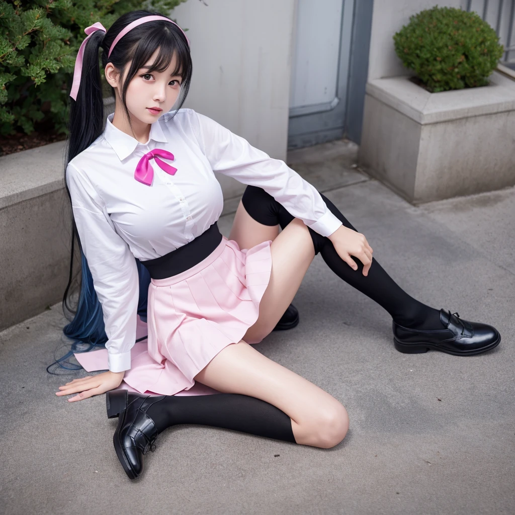 excellent work、HD analysis、Highest level of image quality、full-body shot、16K、reality、1 girl、student、18 years old、Energetic、student、Japanese school uniform、JK uniform、White shirt、Pink skirt、(Soft saturation:1.3)、(Light blue:1.2)、Full body facing the camera、F/8.0 aperture、Character Close-up、Black hair、Double ponytail hairstyle、Silky hair、Blue hair ribbon、(extremely huge breasts:4.0)、Full breasts、Filled with clothes、Show your legs、Smooth legs、black stockings、whole legs、Black leather shoes
