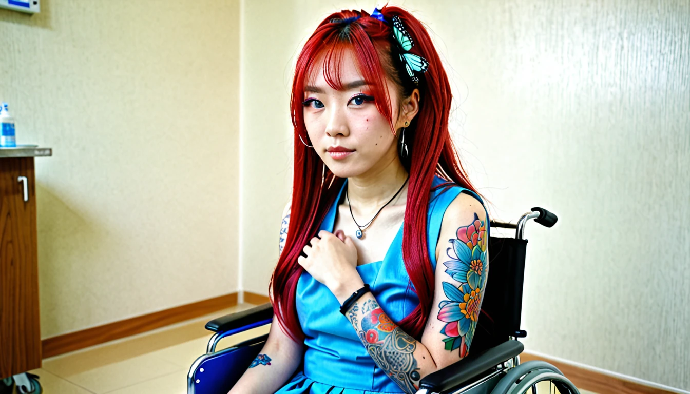 Uhd, (photo of Cami, subject: Noriko, 1/2 Japanese 1/2 Hainu skinny girl with long red hair in a 2/00 large wheelchair, blue+++ eyes, oval face, LGBTQIA+, queer, punk style, dressed in colors, buttefly hairclip, tattooes. She is in the hospital) + (A doctor extracts her blood using the noodle on her arm)