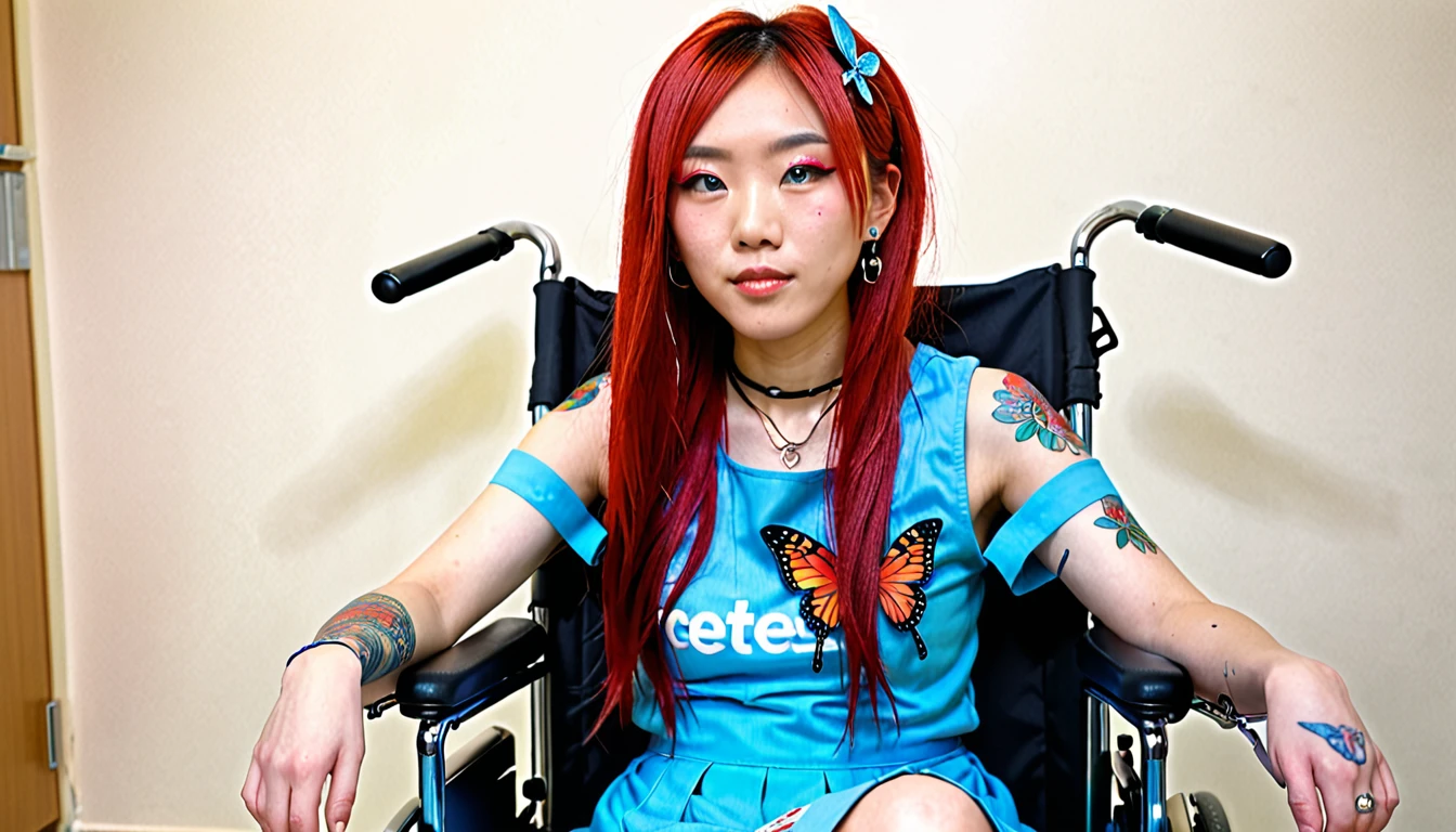 Uhd, (photo of Cami, subject: Noriko, 1/2 Japanese 1/2 Hainu skinny girl with long red hair in a 2/00 large wheelchair, blue+++ eyes, oval face, LGBTQIA+, queer, punk style, dressed in colors, buttefly hairclip, tattooes. She is in the hospital) + (A doctor extracts her blood using the noodle on her arm)