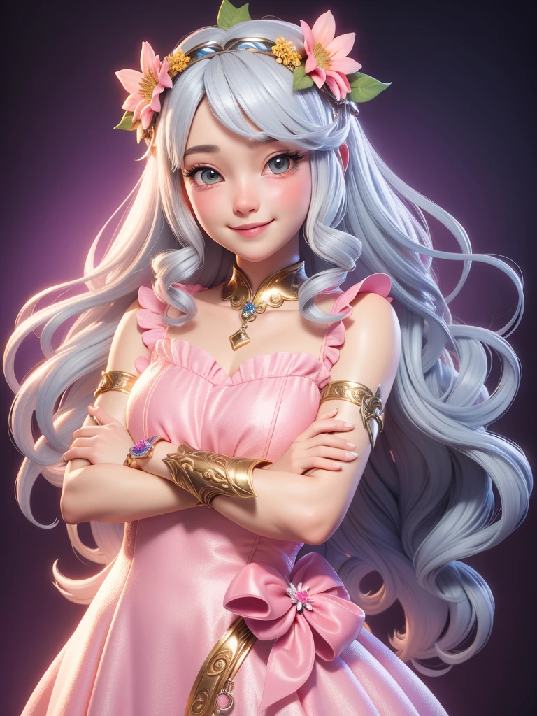 "Realistic female angel, around 20 years old, detailed face, wearing cute clothing, with silver hair and colorful highlights,Flower crown、smile、Angel