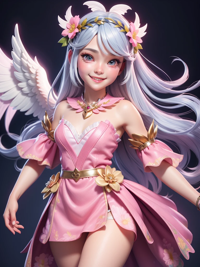 "Realistic  female angel, around 20 years old, detailed face, wearing cute clothing, with silver hair and colorful highlights,Flower crown、smile、Angel