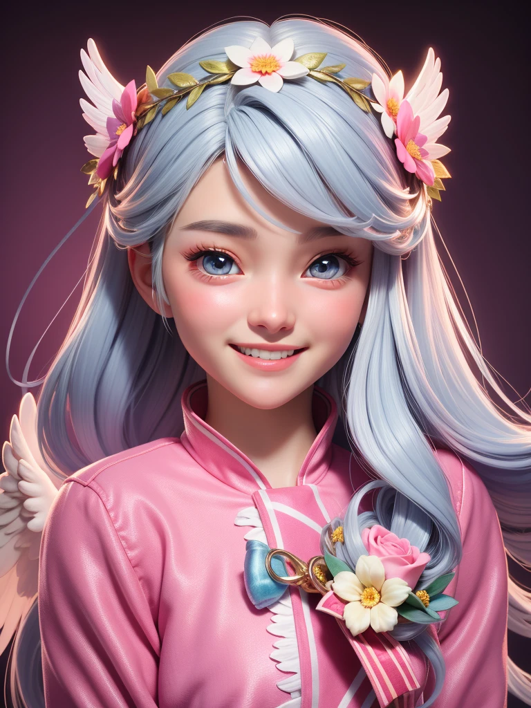 "Realistic female angel, around 20 years old, detailed face, wearing cute clothing, with silver hair and colorful highlights,Flower crown、smile、Angel
