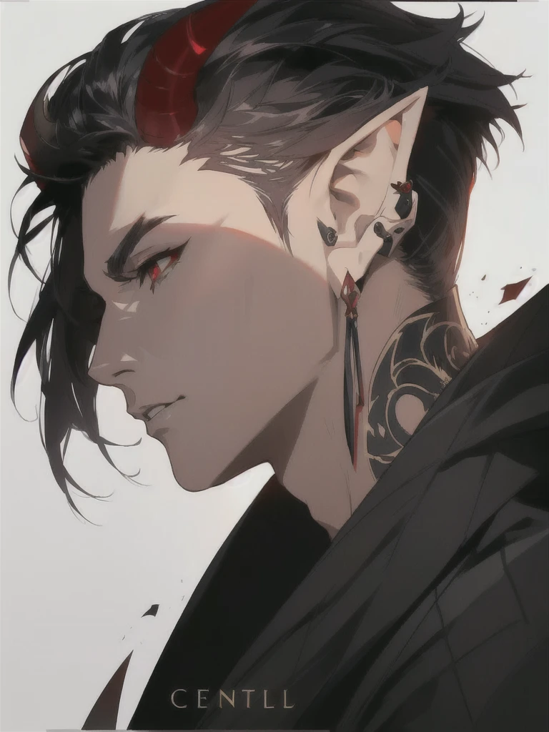 anime character with ear piercings and a black jacket, handsome guy in demon slayer art, a portrait of a male elf, handsome japanese demon boy, pale pointed ears, male anime character, a male elf, attractive humanoid, stunning anime face portrait, in the style of guweiz, demon horns, two dark red horns, two horns protruding from hair, large horns, striking appearance, masculine,  two horns sticking out from top of head, red eyes