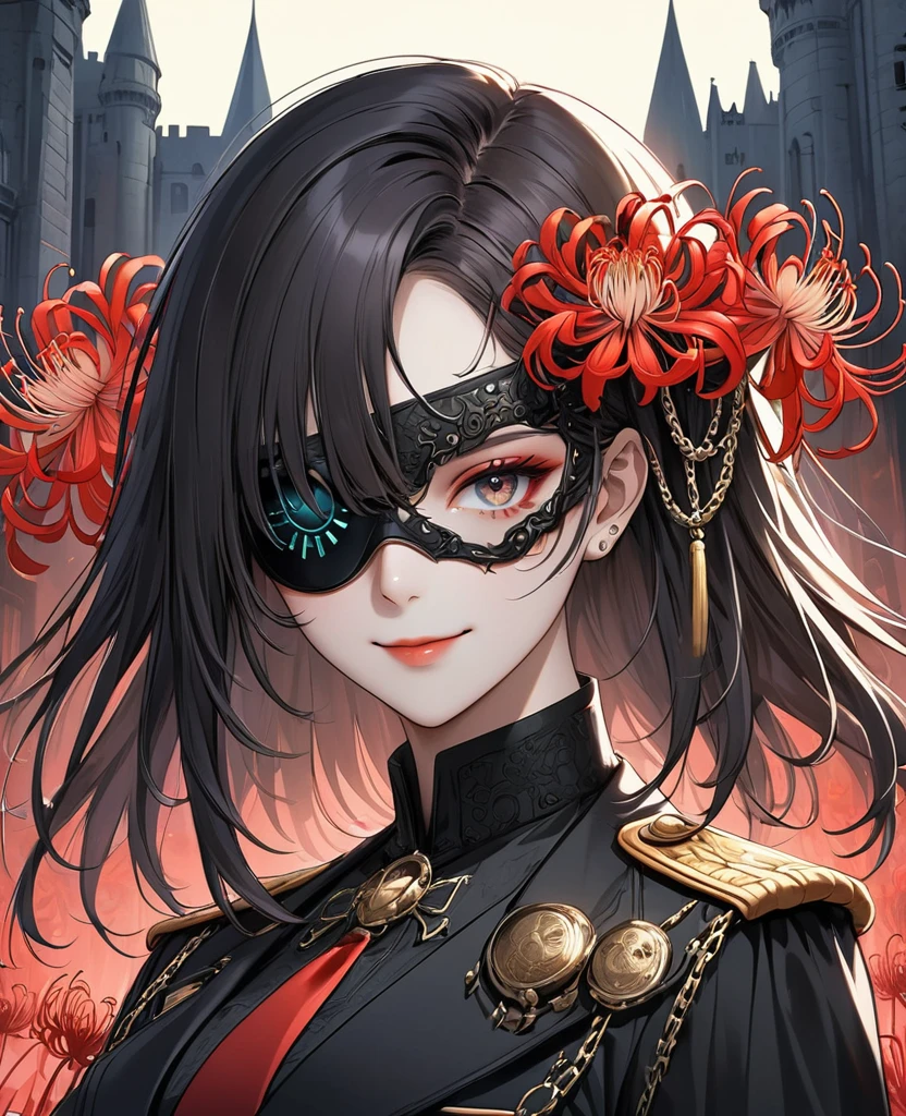 (Digital Illustration,Detailed anime style,Heavy Metal Cyberpunk,Pearl tassel eye mask,Portrait of girl wearing mask eye patch,Solitary,symmetry),(Big colorful eyes,Fashionable and exquisite facial features,Exquisite makeup,Smooth skin,Smile,Soulful gaze,),(Straight Hair,Hairpin),(Black suit,Epaulettes-Chain,cool,),(((Correct human anatomy))),Red spider lily,Castle Background