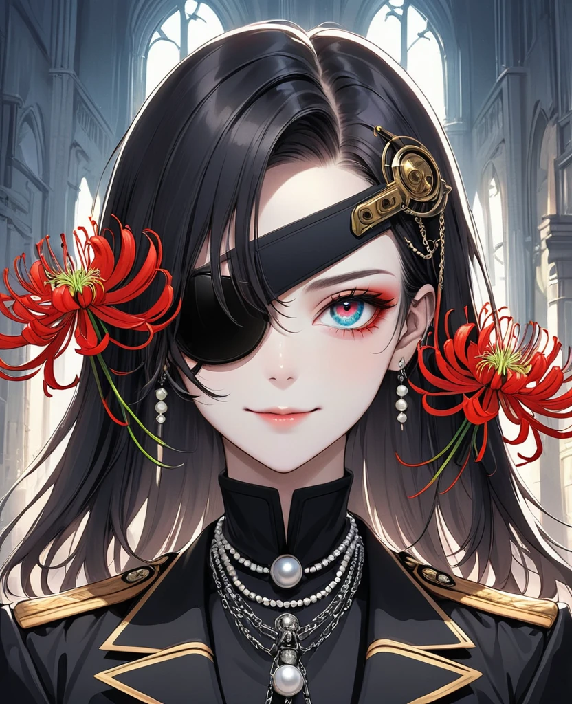 (Digital Illustration,Detailed anime style,Heavy Metal Cyberpunk,Pearl tassel eye mask,Portrait of girl wearing mask eye patch,Solitary,symmetry),(Big colorful eyes,Fashionable and exquisite facial features,Exquisite makeup,Smooth skin,Smile,Soulful gaze,),(Straight Hair,Hairpin),(Black suit,Epaulettes-Chain,cool,),(((Correct human anatomy))),Red spider lily,Castle Background