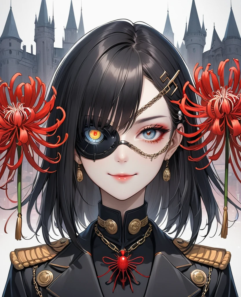 (Digital Illustration,Detailed anime style,Heavy Metal Cyberpunk,Pearl tassel eye mask,Portrait of girl wearing mask eye patch,Solitary,symmetry),(Big colorful eyes,Fashionable and exquisite facial features,Exquisite makeup,Smooth skin,Smile,Soulful gaze,),(Straight Hair,Hairpin),(Black suit,Epaulettes-Chain,cool,),(((Correct human anatomy))),Red spider lily,Castle Background