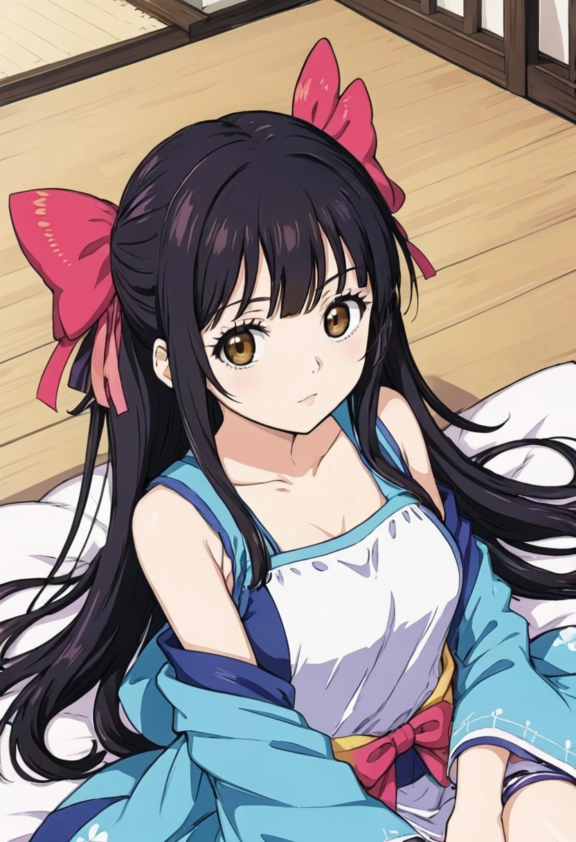 one piece、ryuga_sayo, black hair, long hair, blunt bangs, japanese clothes, hair bow, brown eyes, ribbon,、Dakimakura)、