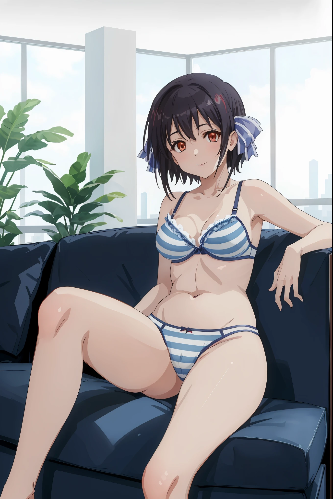 [[anime styled]],[[digitalart]],masterpiece,best quality,Tomomi_Xijing,(red eyes),black hair,Short hair,Hair Ribbon,(midium build),NSFW,1girl,((sitting on the couch,reclining)),face focus,short torso,Perfect Lighting,[perfect anatomy],,((nude)),((blue stripedpanties,)),((blue striped bra)),cameltoe,relaxing,(oily skin),happy smile,fun,spread legs,   break background living room,couch