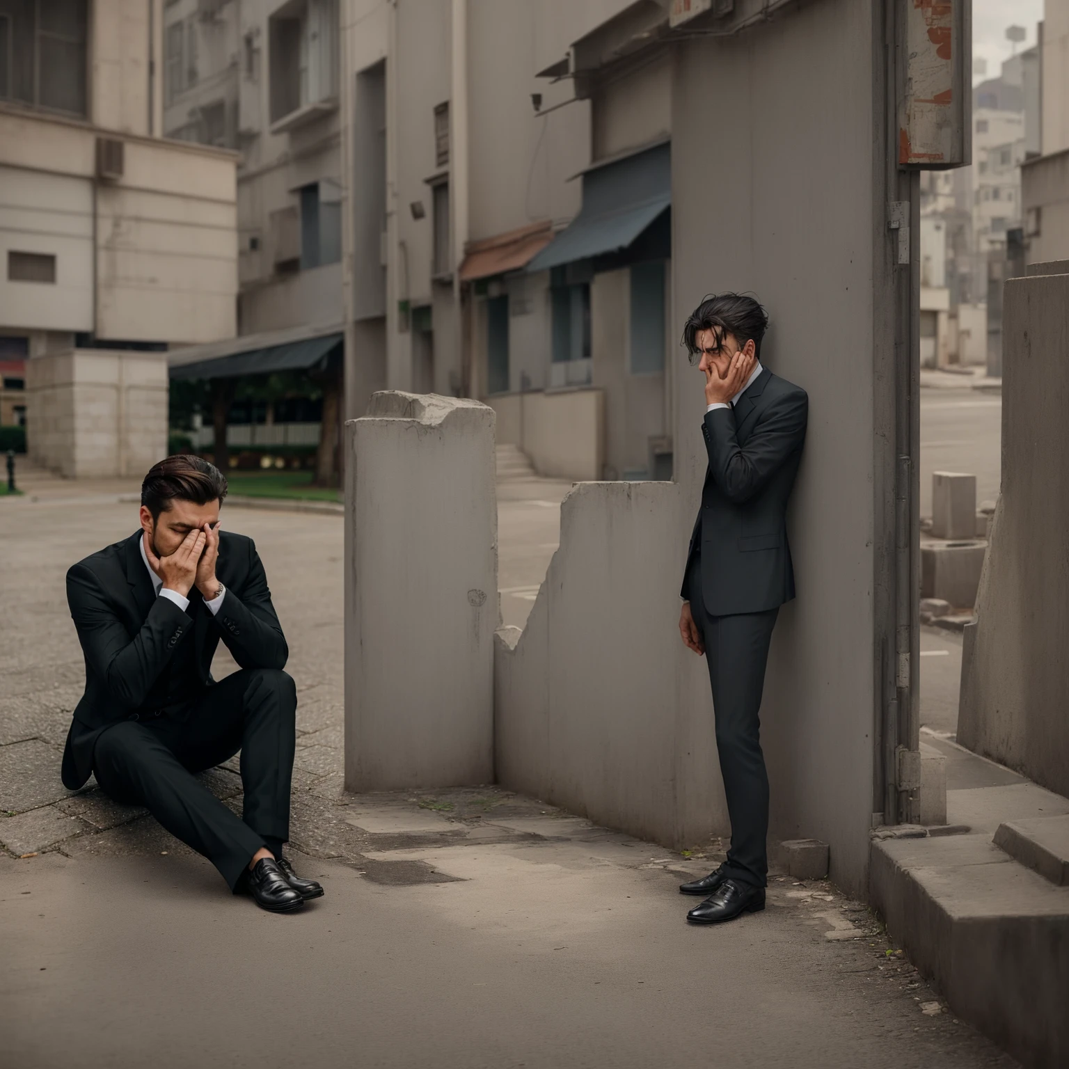 a man in a suit sitting on the ground with his hands to his face, sad man, wearing a worn out suit, a very sad man, with a sad expression, distraught, man in black suit, disappointed, wearing a black suit, people crying, depressed sad expression, sad men, photo of a man, looking sad, looks sad and solemn, middle of an indian street, Stores in background 