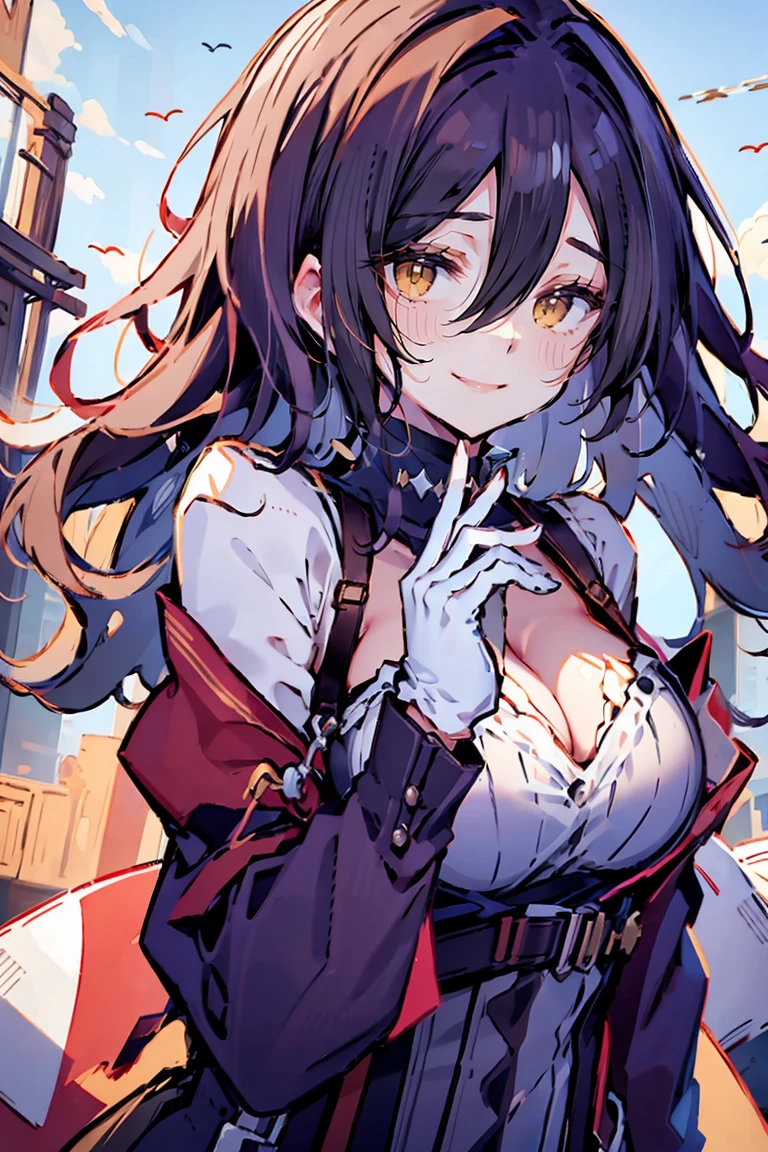 (masterpiece:1.2), (high quality:1.2), (hui xiyi:0.75), rekkyo sensen, rekkyou sensen, girls with((black hair, (tits cleavage:1.15), (waving is hands:1.2), (breasts close up:1.15), (suspenders:1.2), (dress:0.65), (blue clothes:1.05), (belts:0.7), (frills shirt:1.2), (white knit sweater:1.2), camisole, exposed breasts, straps, (cross:1.05), upper body, (both white gloves:1.2), (white gloves:1.2), (long wavy hair:1.2), (one side up:1.2), nun, long sleeves, (both hands:1.15), (perfect hands:1.05), (five fingers:1.05))), background with((fantasy world, ruin, castle, beautiful sky, shining sky, sunshine))