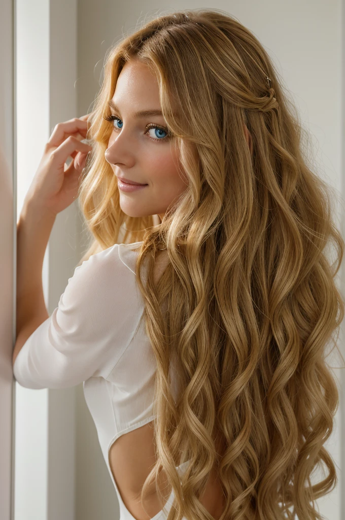 a striking woman with a delicate frame and a captivating presence. Her long, curly blonde hair cascades down her back in waves, framing her fair skin and bright, piercing blue eyes. She has a graceful figure, honed by years of gymnastics, and often wears a gentle smile that lights up her face.