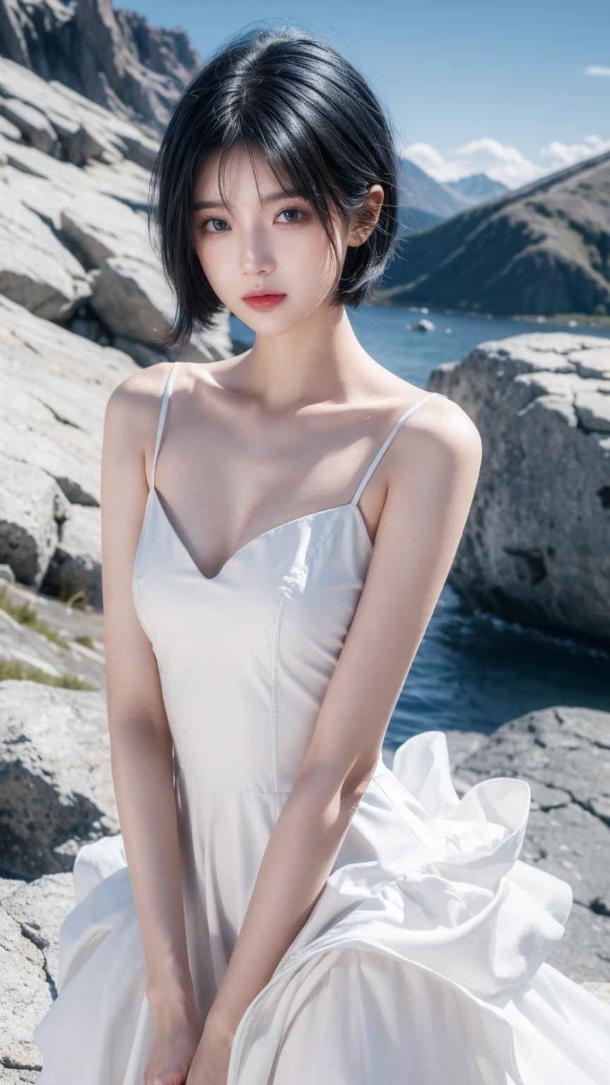 best quality, 1 Girl, dark blue hair, black eyes, Very short hair, Spiky hair, wears sweet white dress luxury，A cropped dress, 171 cm, Messy hair, Hair between the eyes, Tomboy, aldult, 20 years old, A sweet girl by the mountain