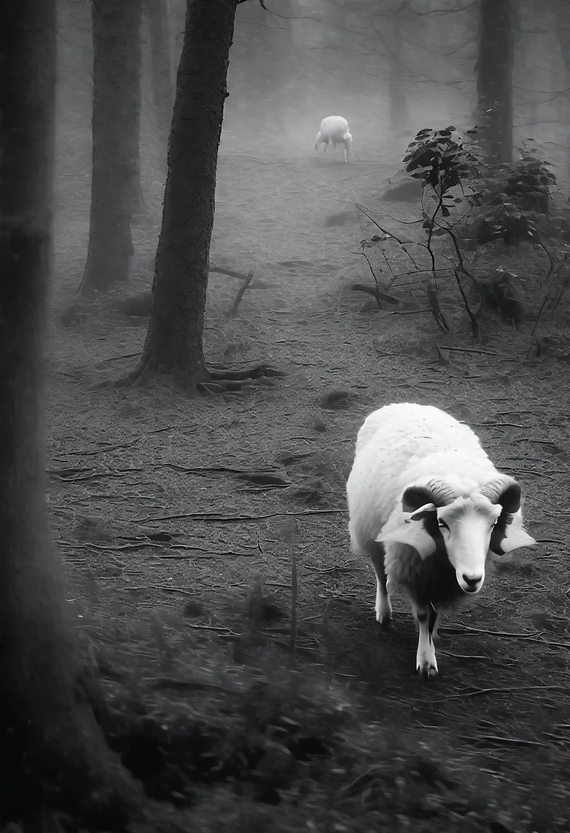 forest,sheep,mist,rain,Black and White,RAW,UHD,8k,Detailed Details,Best quality,Sense of atmosphere