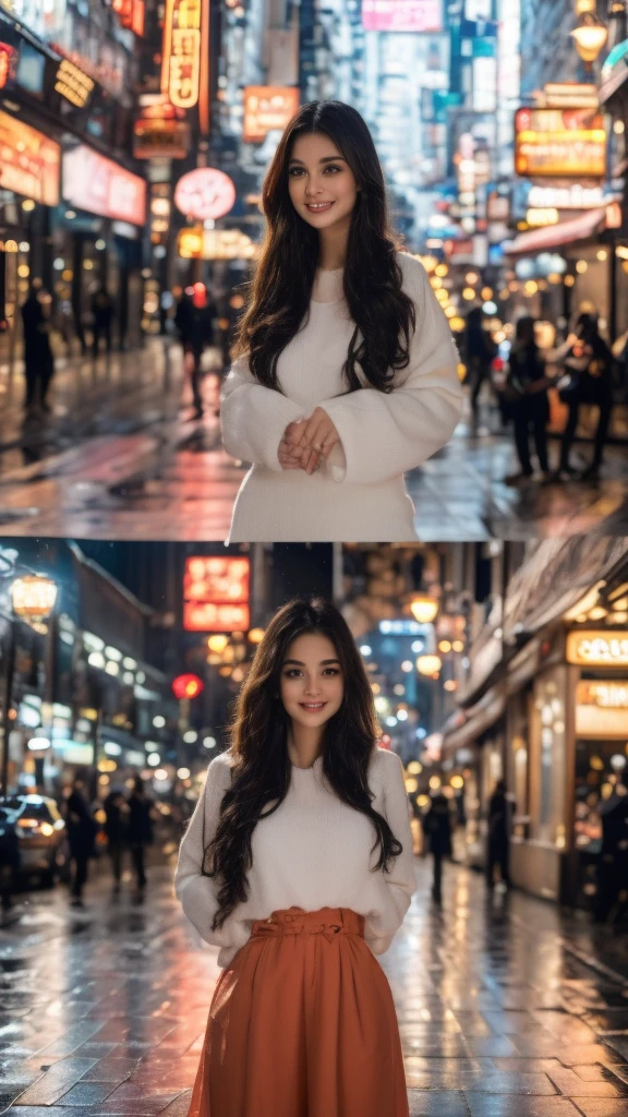 a beautiful girl in a city street on a rainy day, cute smile, beautiful detailed eyes, beautiful detailed lips, extremely detailed face, long eyelashes, holding an umbrella, reflections on the wet ground, neon lights in the background, cinematic lighting, vibrant colors, photorealistic, 8k, best quality, highly detailed, masterpiece