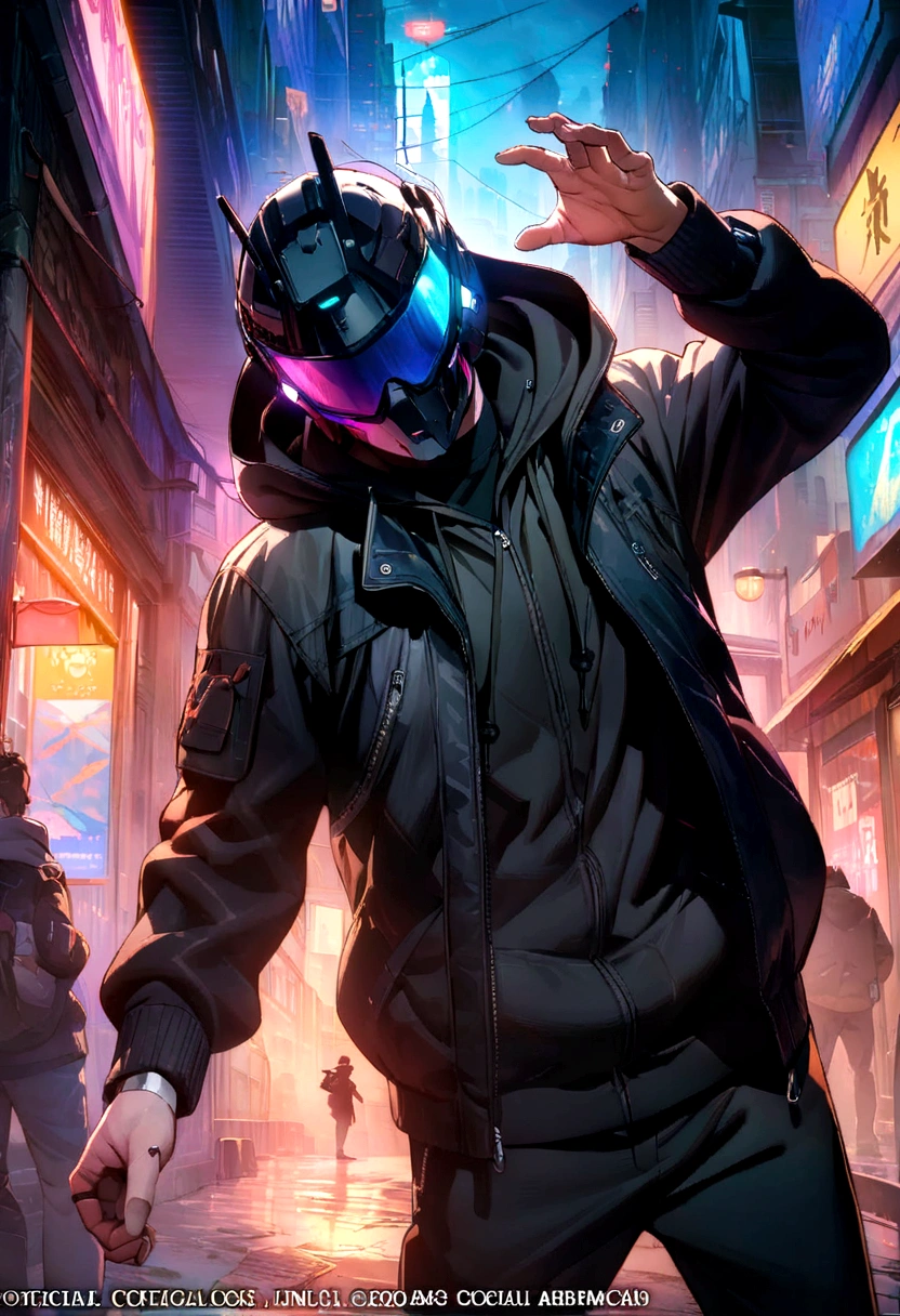 (masterpiece, Highest quality, Highest quality, Official Art,4K:1.2), 1 boy，Wearing a cyberpunk sweatshirt，Cyberpunk style jacket，Hooded，cyberpunk helmet，On the Streets Now，look down，Dynamic Pose，