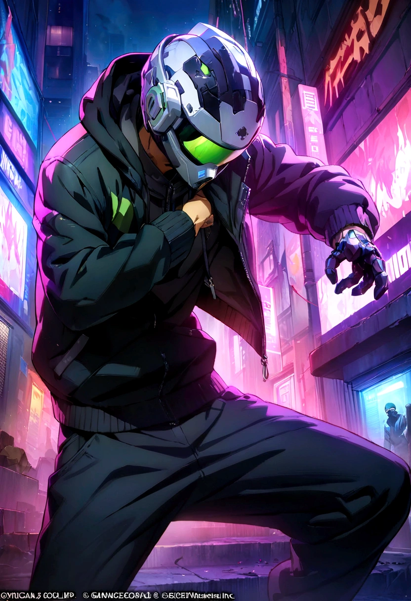 (masterpiece, Highest quality, Highest quality, Official Art,4K:1.2), 1 boy,Wearing a cyberpunk sweatshirt,Cyberpunk style jacket,Hooded,cyberpunk helmet,On the Streets Now,look down,Dynamic Pose,