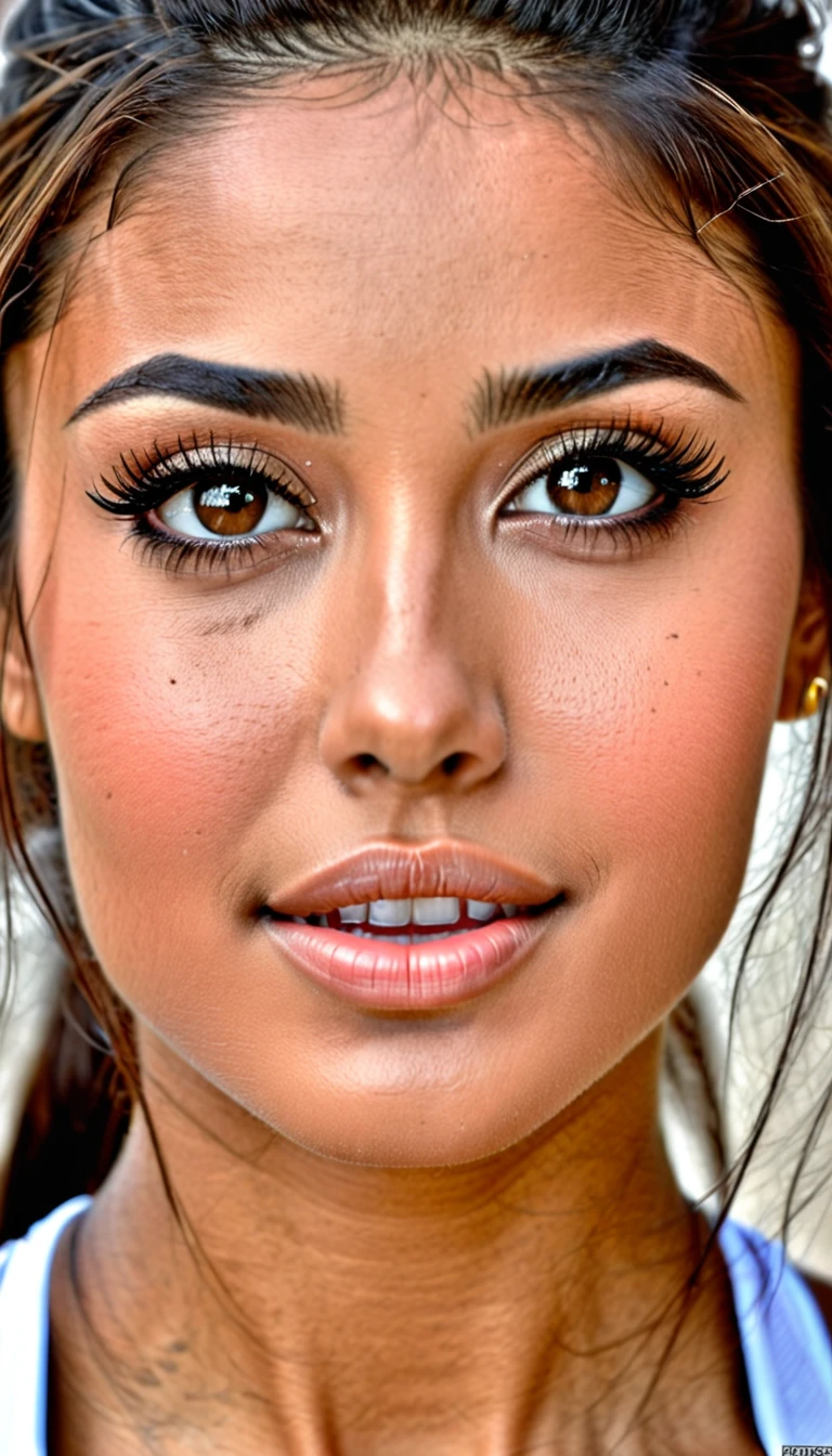 Navjot has a slender yet athletic build, with a toned physique that showcases her dedication to fitness. Her skin has a radiant, (((alabaster))) complexion with a subtle golden glow. She stands tall with confidence, her long legs and toned arms evident of her impressive cricketing skills. Her hair is a rich, dark brown color that cascades down her back in luscious, silky locks that fall just below her waist. Her face is a heart-shaped masterpiece, with high cheekbones, a small nose, and plump lips that curve upwards in a perpetual, warm smile. Her eyes are an unforgettable deep brown, fringed with thick lashes that add to their allure. Her features are delicate yet strong, a perfect blend of beauty and athleticism. (portrait, face focus, beautiful face, cute face, detailed face, perfect face )