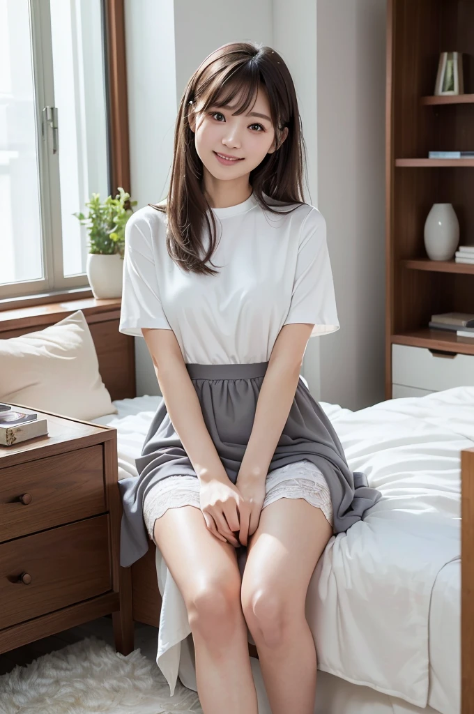 (Highest quality、masterpiece:1.9)、((Neat and clean female college student、1 person))、Soft lighting by a professional photographer、Natural light、((Very spacious white luxurious room:1.6))、((Bright white room:1.6))、(Sitting on a very luxurious white bed:1.2)、(White Bookcase:1.1)、Natural soft light、((Brown Hair:1.1))、Fair skin、Detailed Eyes、double eyelid、Slightly puffy cheeks、((Small Face:1.0))、((Grey knit dress、Please wear it with the chest open.:1.1))、Live-action image quality、(No bangs:1.5)、F cup big breasts、Grey mini skirt、Please wear it with the chest open.:1.2、(smile)、((Girly pose 1.8))、High resolution,、((Long Hair:1.2))、((Full Body Shot:1.2))、Live-action image quality、((Height: 150cm))、Hands in front、Hide your hands between your legs、