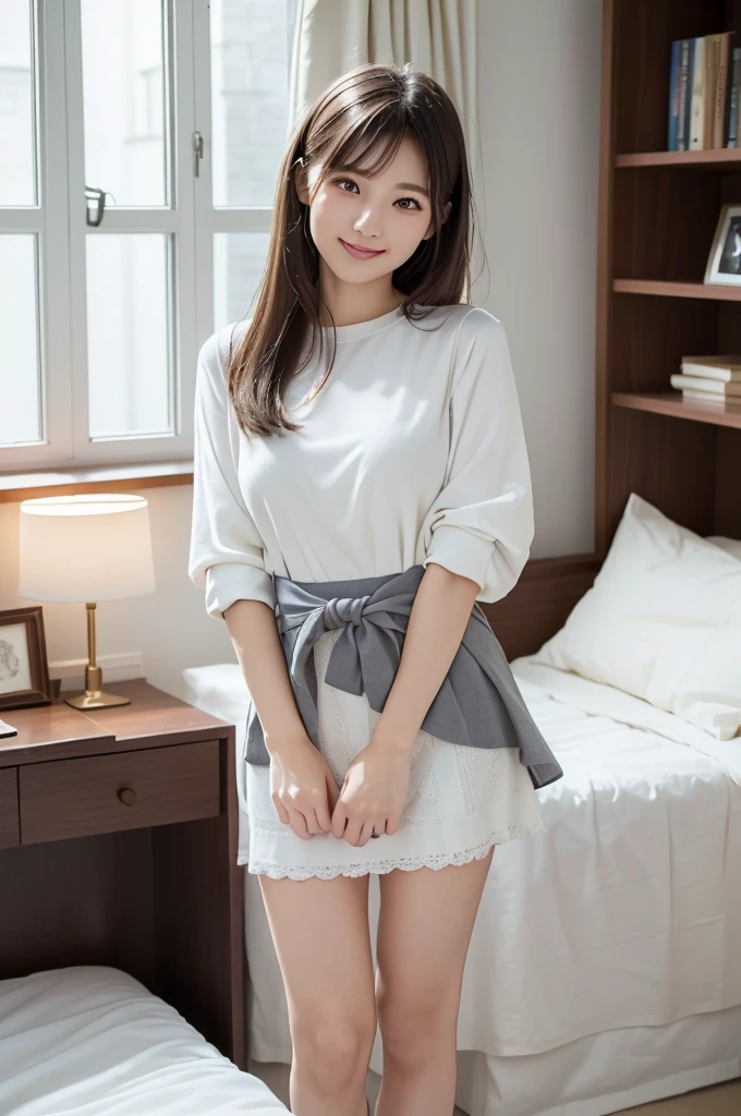 (Highest quality、masterpiece:1.9)、((Neat and clean female college student、1 person))、Soft lighting by a professional photographer、Natural light、((Very spacious white luxurious room:1.6))、((Bright white room:1.6))、(Sitting on a very luxurious white bed:1.2)、(White Bookcase:1.1)、Natural soft light、((Brown Hair:1.1))、Fair skin、Detailed Eyes、double eyelid、Slightly puffy cheeks、((Small Face:1.0))、((Grey knit dress、Please wear it with the chest open.:1.1))、Live-action image quality、(No bangs:1.5)、F cup big breasts、Grey mini skirt、Please wear it with the chest open.:1.2、(smile)、((Girly pose 1.8))、High resolution,、((Long Hair:1.2))、((Full Body Shot:1.2))、Live-action image quality、((Height: 150cm))、Hands in front、Hide your hands between your legs、