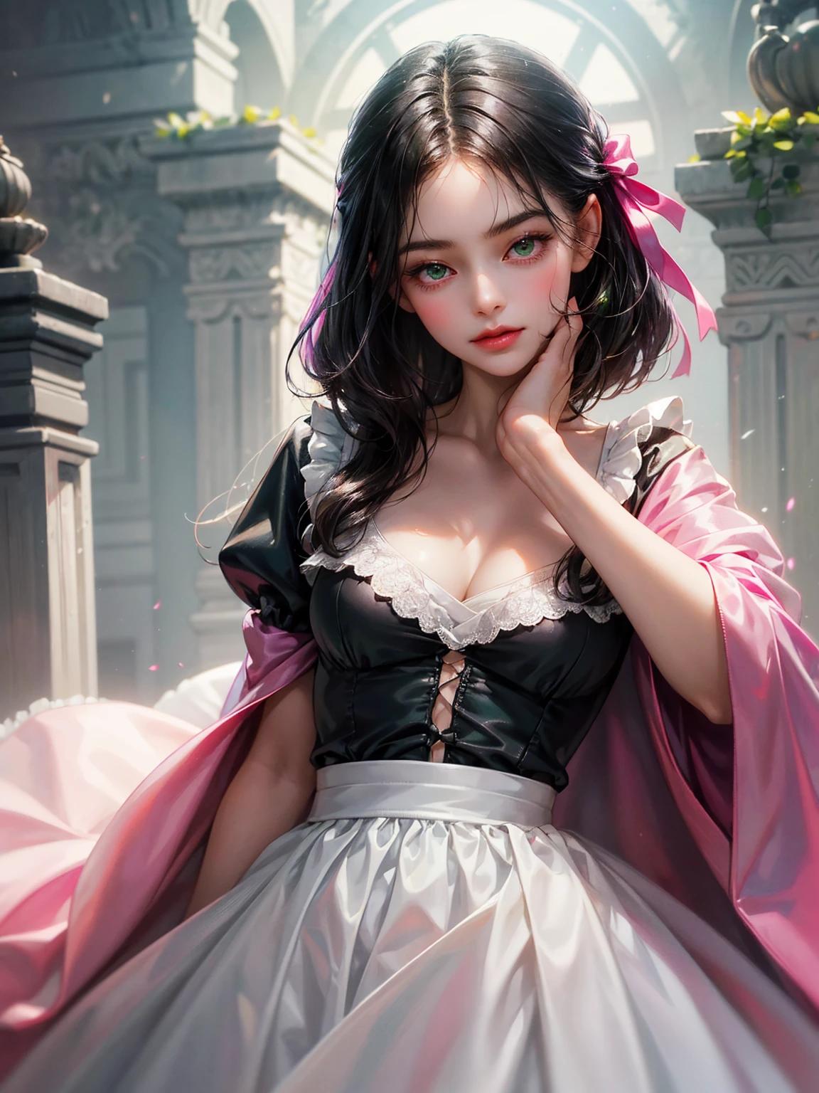 A girl, medium black hair with fringe, small breast, green eyes. She wears a white shirt with a fuchsia ribbon, a fuchsia jacket, grey skirt. Beautiful girl, detailed eyes, detailed face, detailed hands. She looks at the viewer. Full figure. Background a castle
