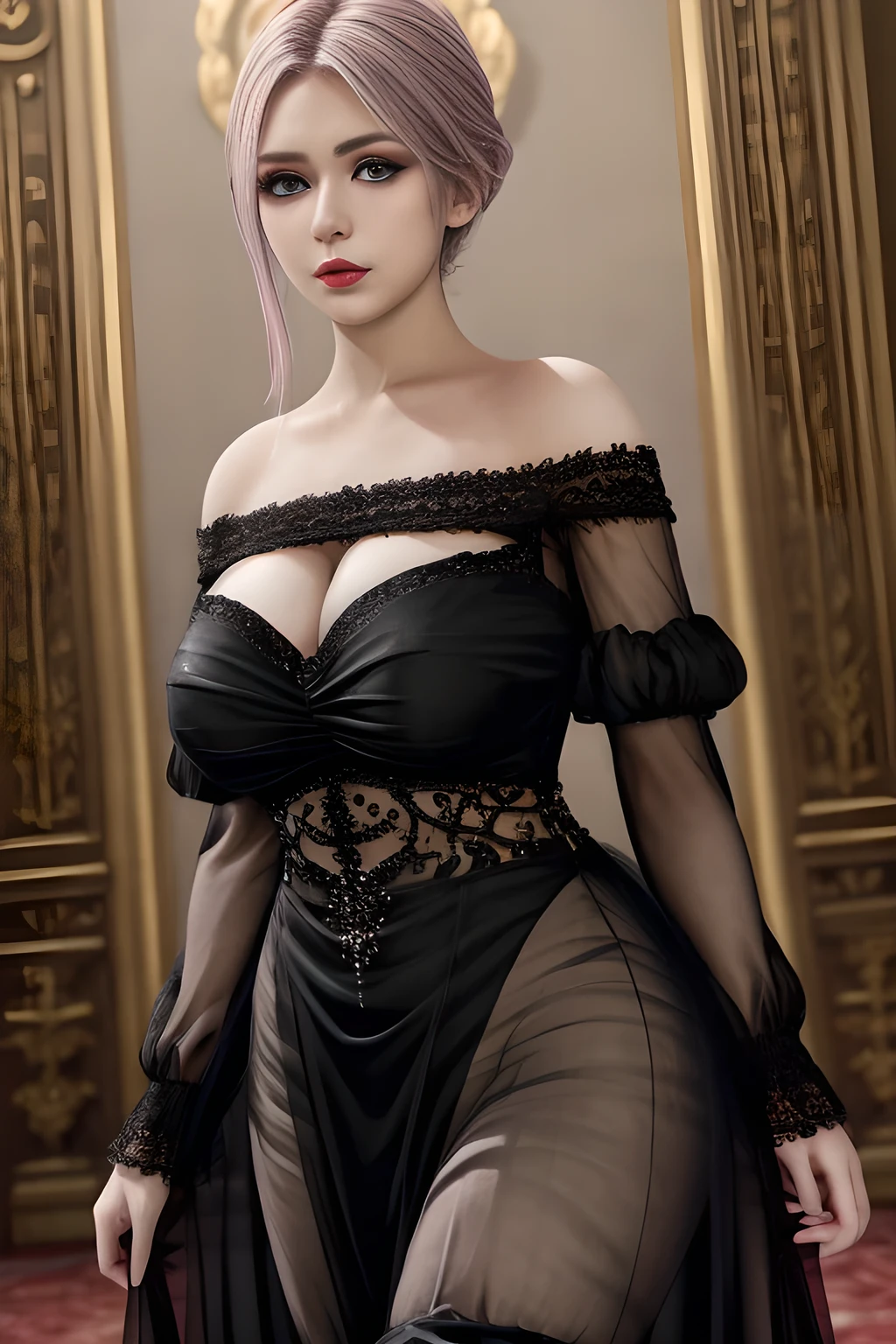1girl, long sleeves, black dress, off shoulder, bare shoulders, long dress, (see-through), tulle dress,beautiful detailed eyes, beautiful detailed lips, extremely detailed eyes and face, long eyelashes, best quality, 4k, 8k, highres, masterpiece, ultra-detailed, realistic, photorealistic, photo-realistic, ethereal glow, regal elegance, intricate details, luxurious, otherworldly beauty, dark atmospheric background, supernatural aura,  elise,
